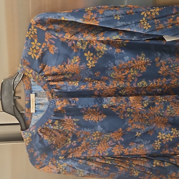 💕SKIES ARE BLUE💕Long-Sleeve Button-Down Blouse ~ Teal Mustard Print  NWT - Picture 8 of 14